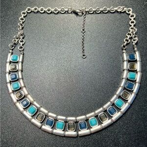Vintage Silver Tone Blue Green Tiled Choker Necklace